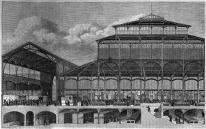 Querschnitt der Halles de Paris im Jahr 1862. Gravur von Lancelot in „Le Magasin picturesque“.