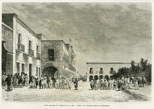 Rathaus von Valladolid. Gravur von Lancelot zur Illustration der Geschichte Ma dernière expédition au Yucatan, von Désiré Charnay, in Le Tour du monde 1887, unter der Leitung von Edouard Charton (1807-1890), Hachette, Paris.