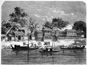 Palast für die französischen Missionare in Tien Tsin (Tianjin), China. Gravur von Lancelot, in "Le Tour du Monde, Nouveau journal des Voyages", herausgegeben von Edouard Charton, Paris