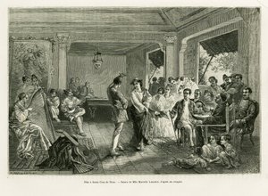 Fest in Santa Cruz de Nano. Gravur von Lancelot zur Illustration der Geschichte Lucon und Palaouan, sechs Jahre auf den Philippinen, von Alfred Marche (1844-1898), in Le Tour du monde 1886, herausgegeben von Edouard Charton (1807-1890), Hachette, Paris. von Dieudonne Auguste Lancelot