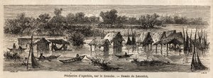 Die Fischerei von Apathin (Serbien), an der Donau. Zeichnung von Lancelot zur Illustration seiner Reise von Paris nach Bukarest im Jahr 1860. Gravur in „Le tour du monde“, herausgegeben von Edouard Charton