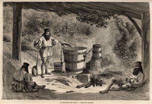 Die Herstellung von Rakiou, Getreidealkohol, eine Art Schnaps, der in Rumänien sehr verbreitet ist. Gravur zur Illustration der Reise von Paris nach Bukarest, von Lancelot, Zeichner, 1860, veröffentlicht in „Le tour du monde, nouveau journal des voyages“, 