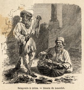 Die Straßenkehrer in Orezu (Rumänien). Gravur zur Illustration der Reise von Paris nach Bukarest, von Lancelot, Zeichner, 1860, veröffentlicht in „Le tour du monde, nouveau journal des voyages“, unter der Leitung von Edouard Charton von Dieudonne Auguste Lancelot