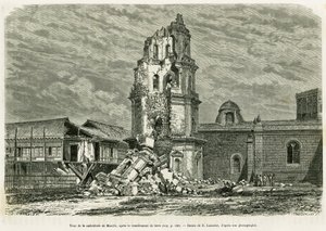 Turm der Kathedrale von Manila nach dem Erdbeben am 18. Juli 1880. Gravur von Lancelot zur Illustration der Geschichte Lucon und Palaouan, sechs Jahre auf den Philippinen, von Alfred Marche