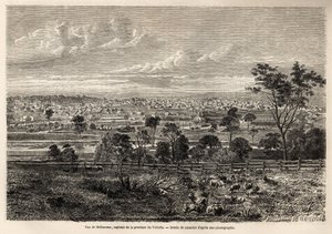 Ansicht von Melbourne (Australien), Zeichnung von Lancelot zur Illustration der Erinnerungen eines französischen Squatters in Australien von 1854-1859, von M. de Castella. Gravur in „Le tour du monde“ 1861. Selvas Sammlung. von Dieudonne Auguste Lancelot