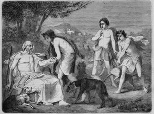 Homer auf der Insel Syros. Gravur von 1864, nach dem Gemälde von Maillard.