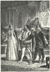 Der Earl of Essex droht, sein Schwert zu ziehen, nachdem Königin Elisabeth I. ihm wegen seiner Unverschämtheit eine Ohrfeige gegeben hat, 1598