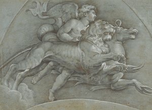 Ein geflügelter Putto reitet auf einem Seepferdchen und einem Löwen nach Raphael