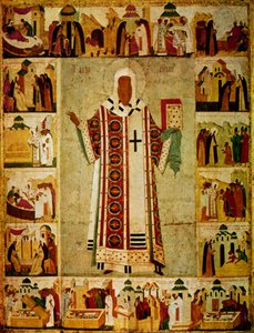 Metropolit Alexius umgeben von Szenen aus seinem Leben, russisch, 1480 von Dionisy