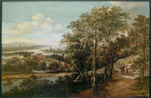 Weite Flusslandschaft mit einem Reiter und weiteren Figuren im Vordergrund von Dionys Verburg