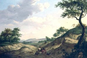 Eine bewaldete Landschaft mit Hirten und Tieren auf einem Felsen von Dionys van Dongen
