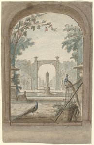 Entwurf für eine Raumdekoration mit Blick durch ein Tor auf einen Garten, Pfauen und Gartengeräte von Dionys van Nijmegen (possibly)