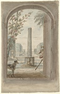 Entwurf für eine Zimmerbemalung mit Blick durch eine offene Tür in einen Garten mit Brunnen