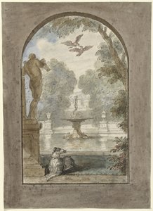 Entwurf für eine Zimmerbemalung mit Blick in einen Garten mit liegendem Hund, Brunnen und Statue von Dionys van Nijmegen