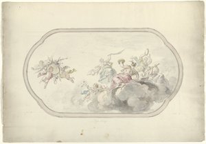 Entwurf für eine Deckenmalerei mit musizierenden Frauen und Putti mit Blumenkorb als Allegorie auf Freude