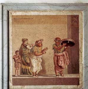 Römisches Mosaik von Musikern und maskierten Schauspielern in einem Stück, Pompeji, Italien