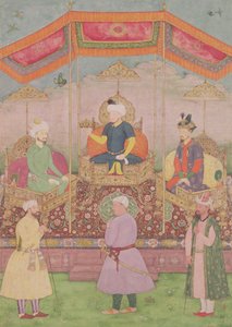 Mogul-Kaiser Babur und sein Sohn Humayun, indische Miniatur aus Rajasthan, 16. Jahrhundert von Dip Chand