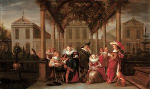 Eine fröhliche Gesellschaft spielt Musik unter einer blumengeschmückten Veranda in einem Garten von Dirck Hals