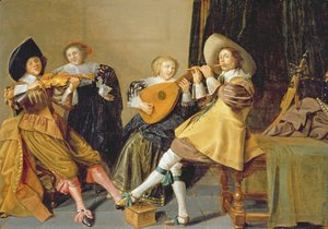Eine elegante Gesellschaft spielt Musik in einem Innenraum von Dirck Hals