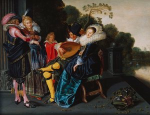 Eine elegante Gesellschaft macht Musik an einem Zierteich von Dirck Hals