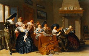Elegante Figuren mit Instrumenten an einem Tisch und eine junge Dame, die in einem Innenraum singt, 1637