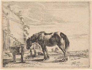 Ein Pferd an eine Futterkrippe gebunden von Dirck Stoop