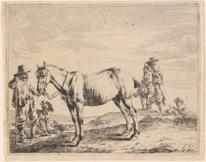 Ein Mann hält ein Pferd am Zügel von Dirck Stoop