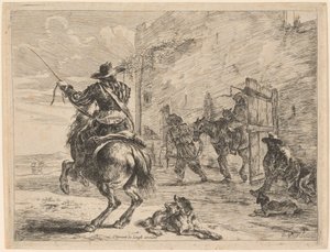 Ein pissendes Pferd an einen Pfosten gebunden von Dirck Stoop