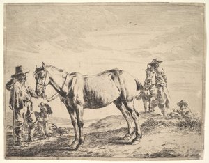 Mann hält ein Pferd am Zügel