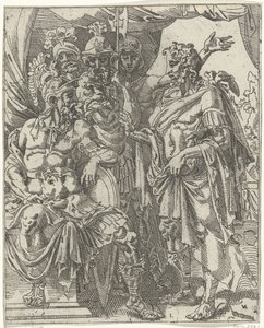 Achior erzählt Holofernes von den Israeliten von Dirck Volckertsz. Coornhert (attributed to)