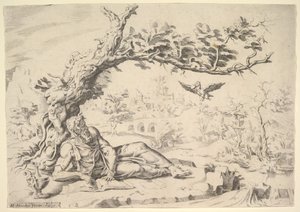 Elija von Raben gefüttert, 1549 von Dirck Volkertsen Coornhert