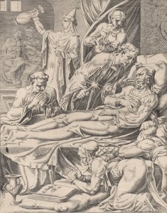 Der reiche Mann auf seinem Sterbebett, aus Das Gleichnis von Lazarus und dem reichen Mann, Platte 2, 1551 von Dirck Volkertsen Coornhert