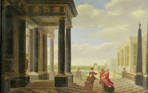 Figuren im Gespräch in einer klassischen Umgebung