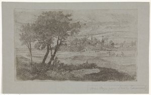 Landschaft mit Bäumen im Vordergrund und einem Pflug auf dem Acker von Dirk Arnoldus Tavenraat