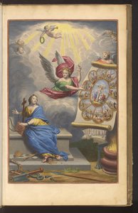 Titelblatt mit Engel, der dem gefesselten Glauben das Martyrium Christi und der zwölf Apostel zeigt
