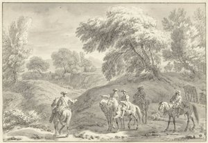 Hügelige Landschaft mit Jägern zu Pferd