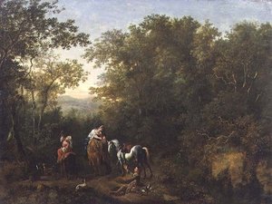 Eine Falkenjagdgesellschaft in einer bewaldeten Landschaft von Dirk Maes