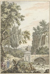 Arkadische Waldlandschaft mit einem Wasserfall, einer Brücke und drei jungen Männern