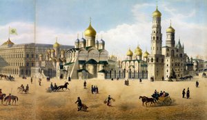 Kathedralen der Verkündigung und des Erzengels, aus einem Panorama von Moskau, graviert von Philippe Benoist und Aubrun von Dmitri Indieitzeff