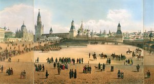Die Basilius-Kathedrale vom Kreml aus gesehen, aus einem Panorama von Moskau, graviert von Philippe Benoist und Aubrun