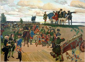 Gründung der Festung Sankt Petersburg durch Peter den Großen (1672-1725) im 18. Jahrhundert. Werk von Dmitri Nikolayevich Kardovsky (Kardovski) (1866-1943), Lithografie