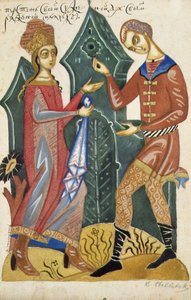 Gemälde aus einer Reihe von vier Illustrationen zu einem Gedicht über die Brautwerbung von Dmitry Stelletsky