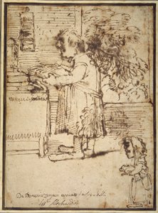 Karikatur des Aldobrandini-Theologen, mit einer weiblichen Zwergin, die ihren Hund hält von Domenichino