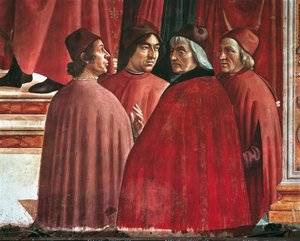 Geschichten der Jungfrau Maria: Verkündigung an Zacharias, Detail von Cristoforo Landino, Angelo Poliziano und Marsilio Ficino, ca. 1485-90 (Fresko) von Domenico Ghirlandaio