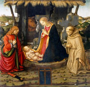 Geburt Christi mit dem heiligen Franziskus und dem heiligen Julian von Domenico (workshop) Ghirlandaio