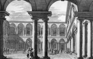 Hof des Brera-Palastes in Mailand, der die Akademie der Schönen Künste und die Kunstgalerie beherbergt, entworfen von Architekt Francesco Maria Richini (1584-1658), Gravur von Domenico Aspari (1745-1831), Italien von Domenico Aspari