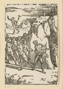 Allegorie der Metallgewinnung. Die Metalle haben das Berginnere verlassen und ergreifen die Flucht, als Vulkan (Hephaistos) sie auffordert, ihm in die Schmiede zu folgen. Aus der Folge "De re metallica". von Domenico Beccafumi