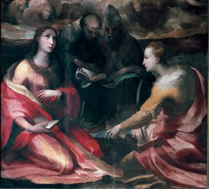 Christus krönt die Jungfrau Maria und vier Heilige, Detail: Heilige Maria Magdalena, Heiliger Antonius von Padua, Papst Gregor I. der Große und Heilige Katharina von Alexandria