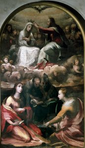 Christus krönt die Jungfrau Maria und vier Heilige (Heilige Maria Magdalena, Heiliger Antonius von Padua, Papst Gregor I. der Große und Heilige Katharina von Alexandria) von Domenico Beccafumi