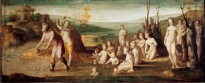 Deukalion und Pyrrha. Figuren der griechischen Mythologie, die Steine werfen, die nach der Sintflut Menschen gebären